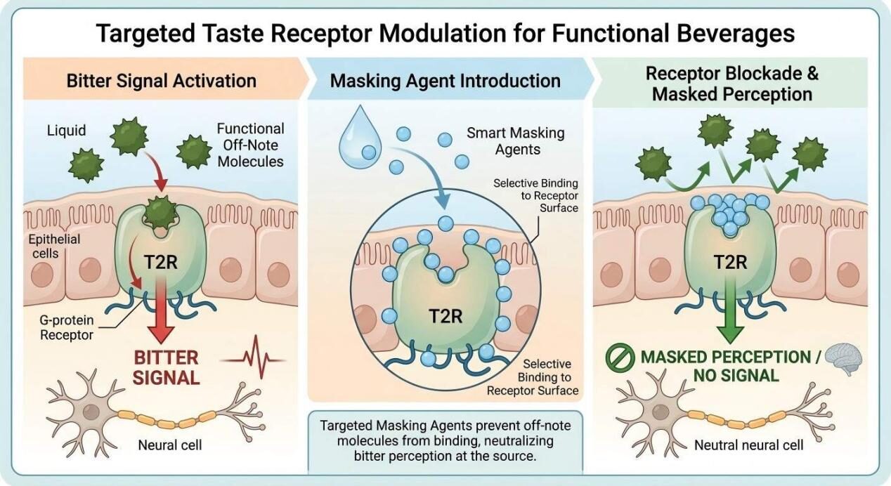 Learn how targeted taste receptor modulation neutralizes off-notes in functional drinks for a better consumer experience.