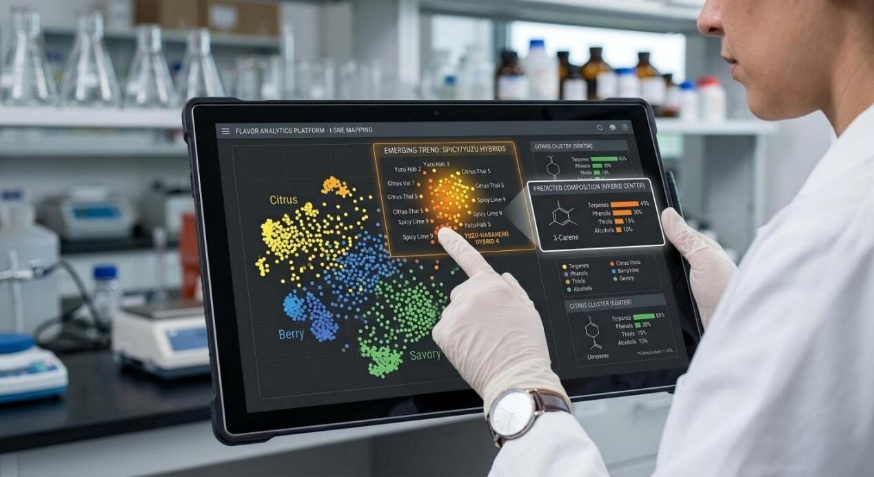 A scientist interacts with a digital dashboard mapping emerging flavor clusters and predicted molecular compositions for market trends.