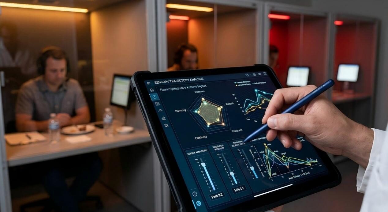 Explore how product developers use sophisticated tablet interfaces and 'flavor spider diagrams' to analyze 'Kokumi Amplitude' and other sensory characteristics.