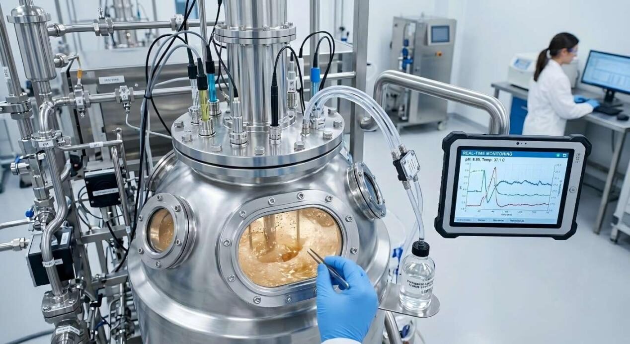 An advanced stainless steel bioreactor in a pilot-scale facility showing real-time monitoring of nutrient solutions and pH levels.