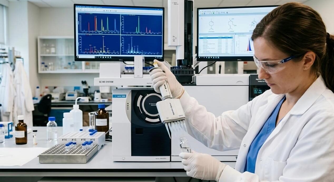 Close-up of a flavor science researcher performing precise pipetting for Gas Chromatography-Mass Spectrometry (GC-MS) analysis.