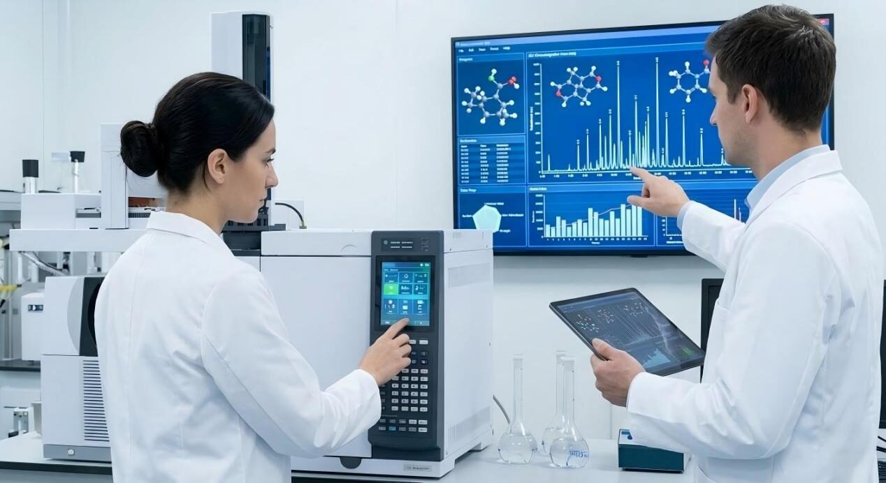 Professional flavor chemists collaborating in a modern lab, analyzing 3D molecular structures for precise flavor solutions.