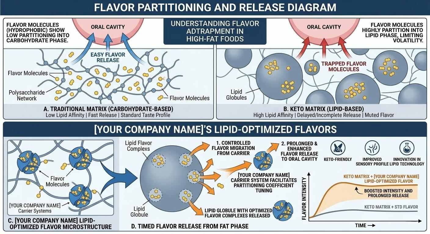 A technical infographic comparing flavor molecule release in carbohydrate vs. keto matrices, highlighting lipid-optimized carrier technology.