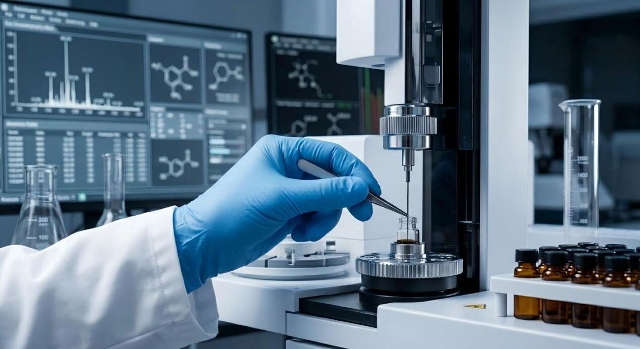 A macro-focus photograph showing the scientific rigor of a flavorist adjusting high-end analytical equipment to ensure precision at the molecular level.