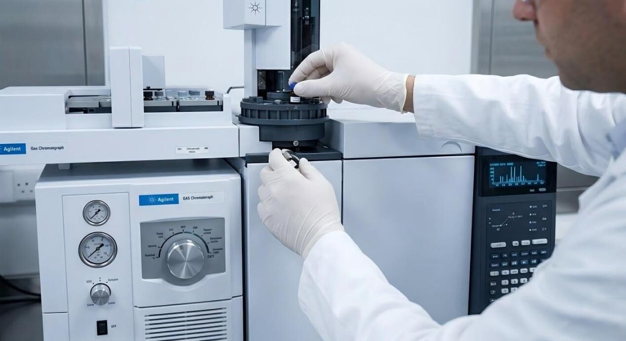 A detailed close-up of a technician operating a gas chromatograph, showcasing the technical precision involved in creating complex flavor profiles.