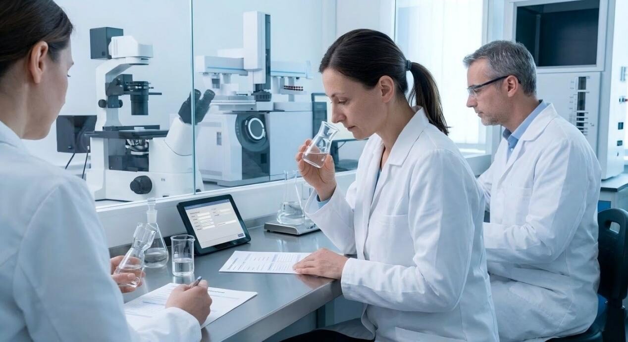 A professional laboratory setting showing a chemist performing rigorous quality control through sophisticated equipment and sensory testing.