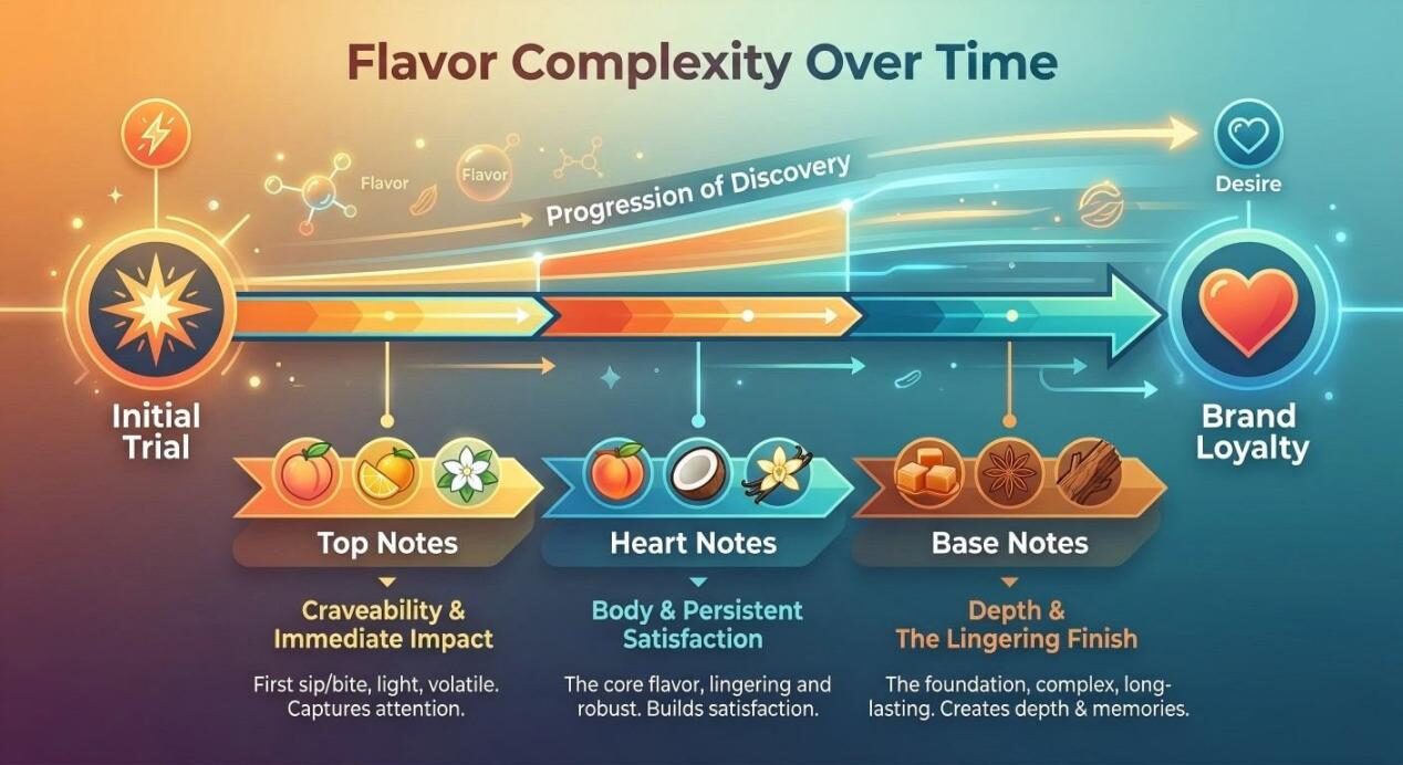A dynamic horizontal infographic illustrating how complex flavor profiles drive discovery and long-term brand desire.