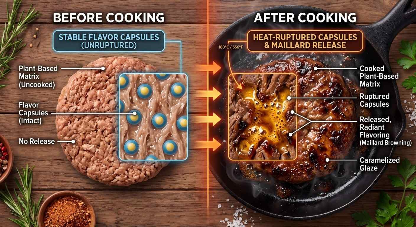 A split-view graphic showing flavor microcapsules in a burger patty before and after cooking, highlighting heat-triggered liquid release.