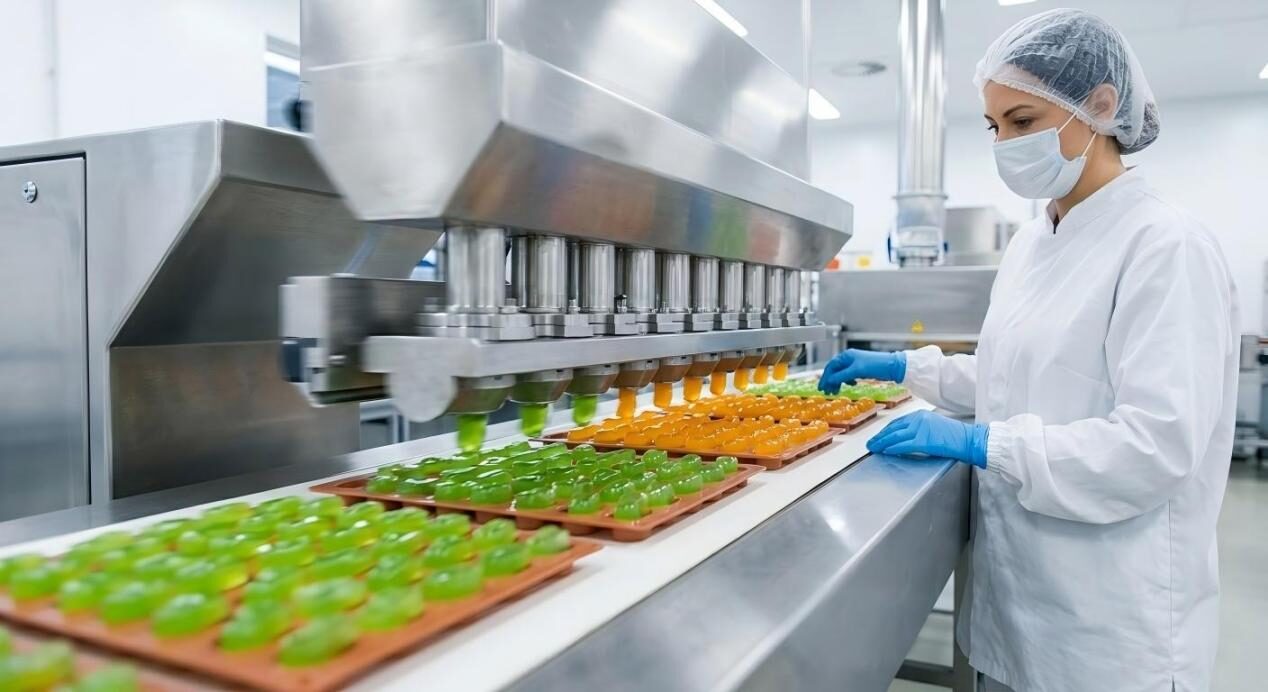 A high-speed view of an industrial confectionery line depositing gummy candies into molds, highlighting production scaling and automated quality control.
