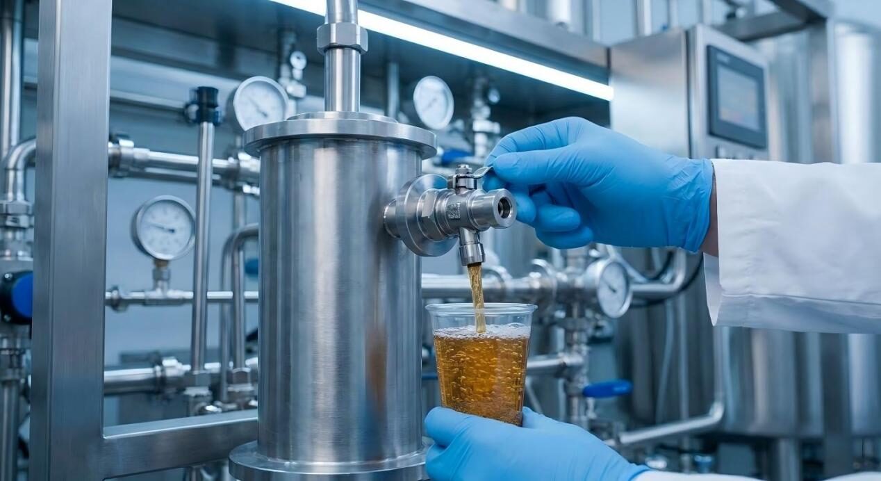 Application testing in realistic conditions: a gloved hand draws a sample from miniature pilot plant equipment, validating flavor stability before manufacturing.