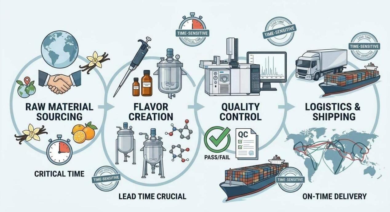 A comprehensive infographic visualizing the journey from raw material sourcing to global shipping, emphasizing critical time-sensitive stages.