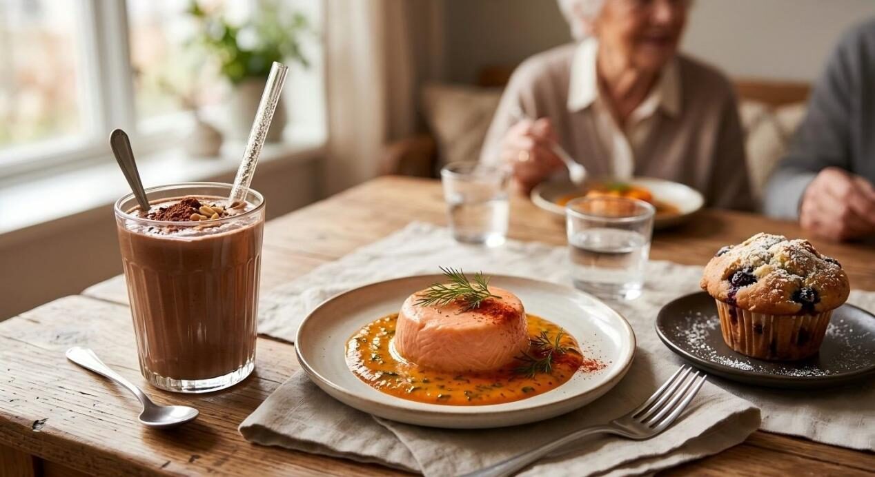 A beautifully plated, senior-friendly meal featuring pureed salmon with rich sauce and a protein smoothie, designed for both nutrition and sensory appeal.