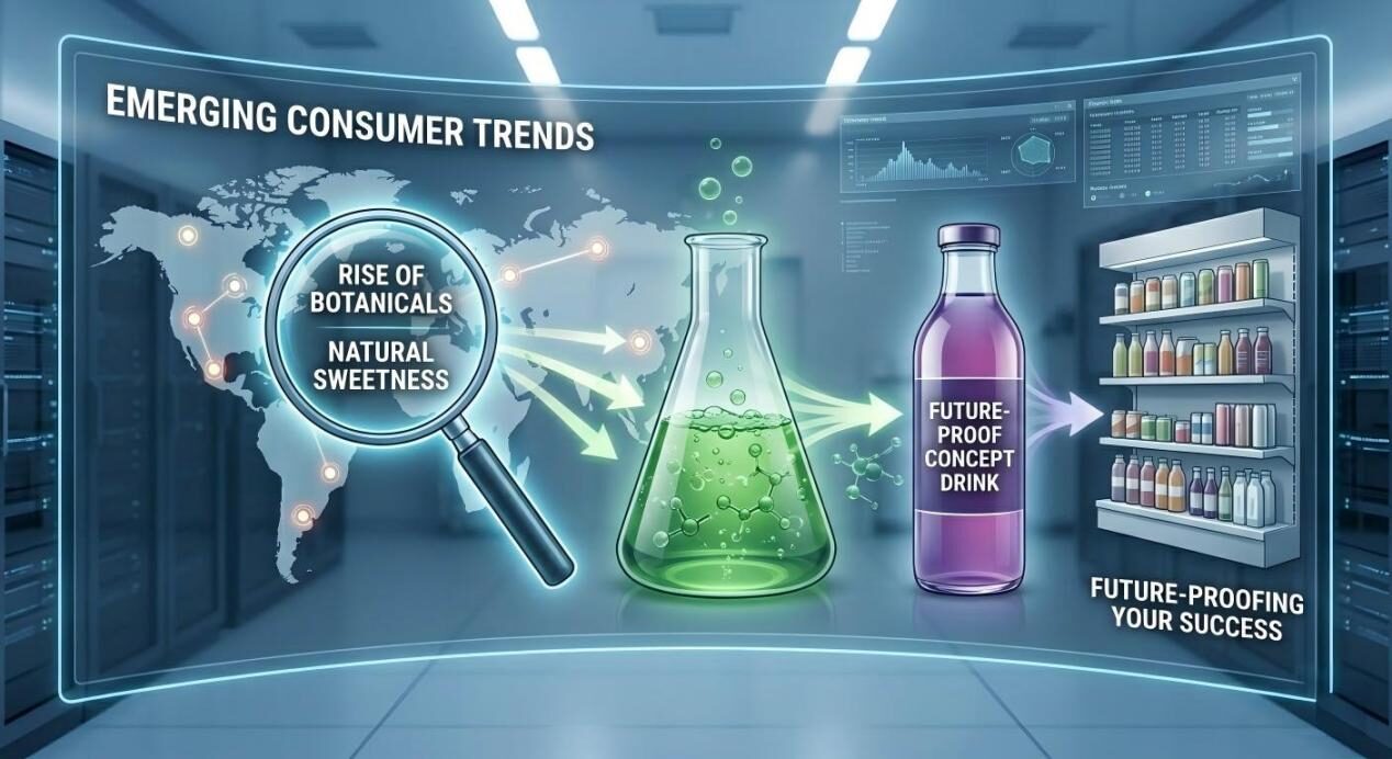 A stylized infographic showing how global consumer data and trends are transformed into market-ready flavor concepts and future-proof products.