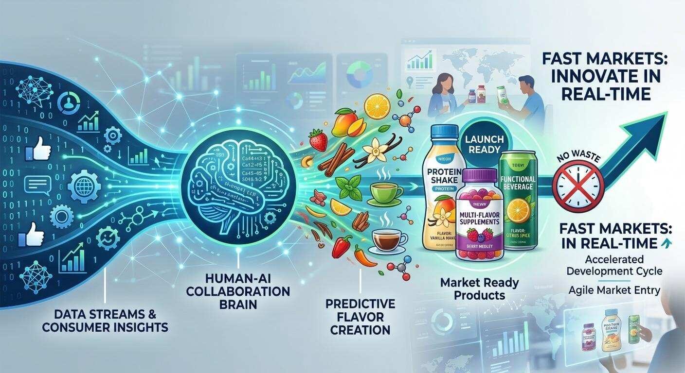 A futuristic infographic showing the journey from consumer data streams to market-ready protein shakes and functional beverages.
