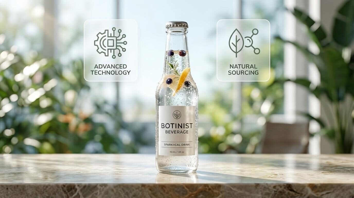 A dynamic product photograph of a sparkling beverage, showcasing how advanced technical R&D and natural sourcing create a premium consumer experience.