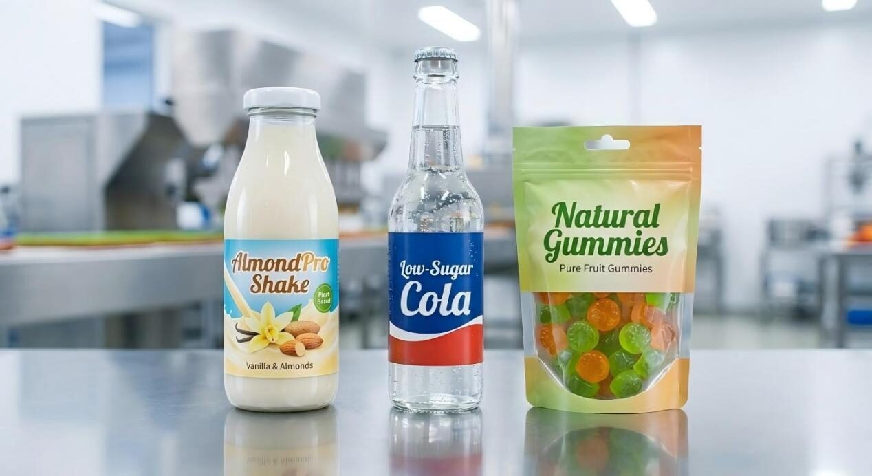 The final journey: a polished display of successful consumer products developed using advanced flavoring technologies, on a modern manufacturing surface.