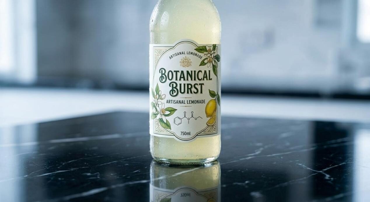 The final journey: a beautifully lit photograph of 'Botanical Burst' artisanal lemonade, sitting on a polished surface, symbolizing successful flavor development.