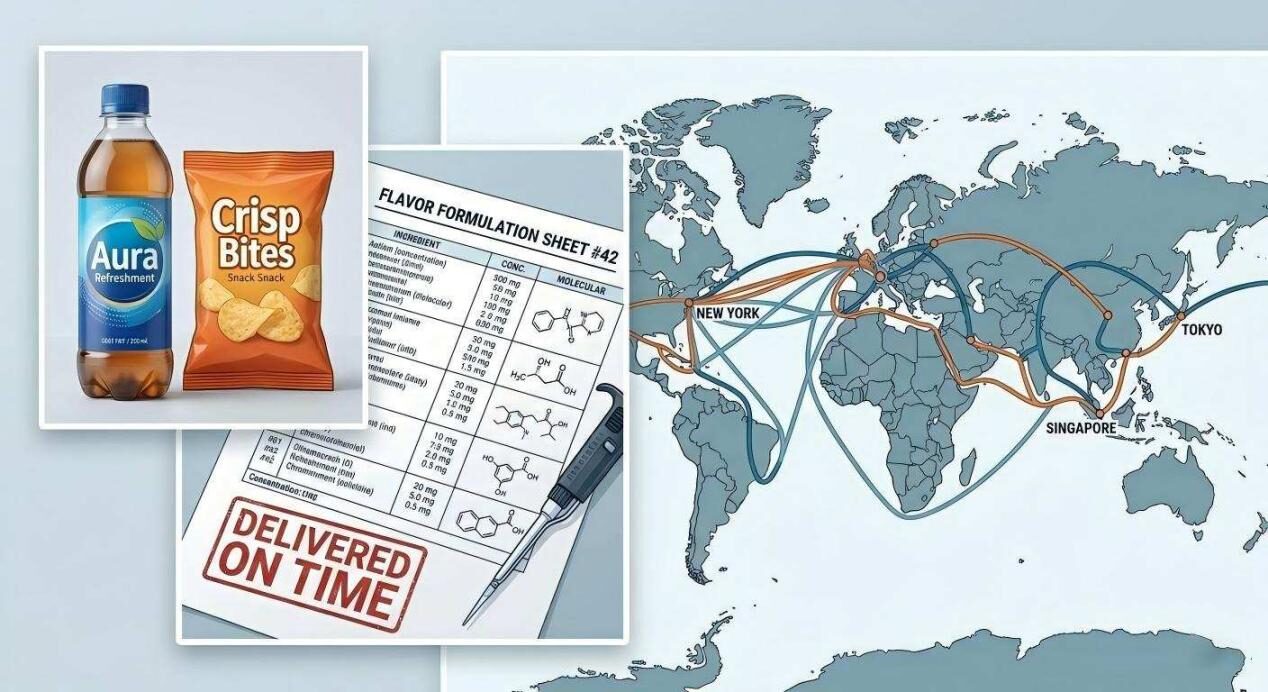 A composite image linking technical flavor formulation sheets and global shipping routes to successful consumer food and beverage products.