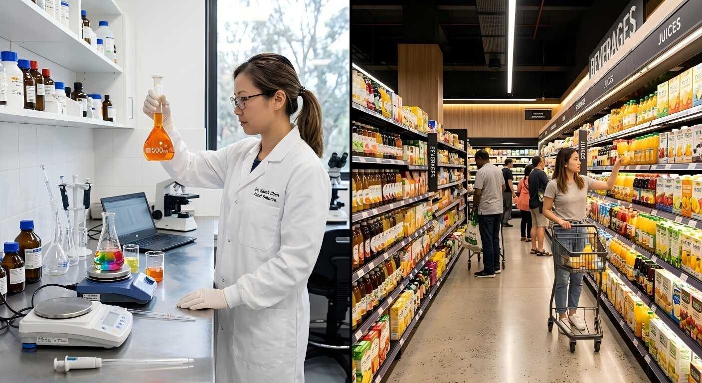 Профессиональный вид на разделенном экране, показывающий ученого-диетолога в безупречной лаборатории и проходе современного супермаркета, иллюстрирующий путь пищевых инноваций.