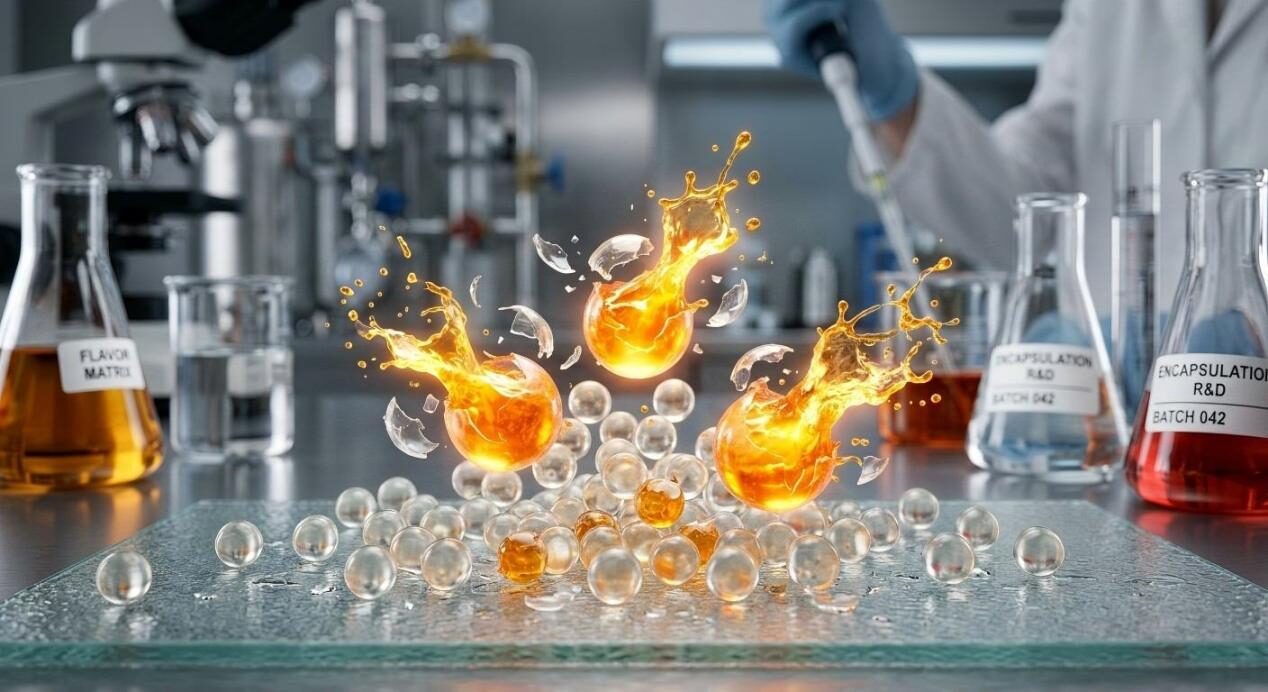 微胶囊破裂释放风味的概念图，突出高科技食品工程和封装技术。