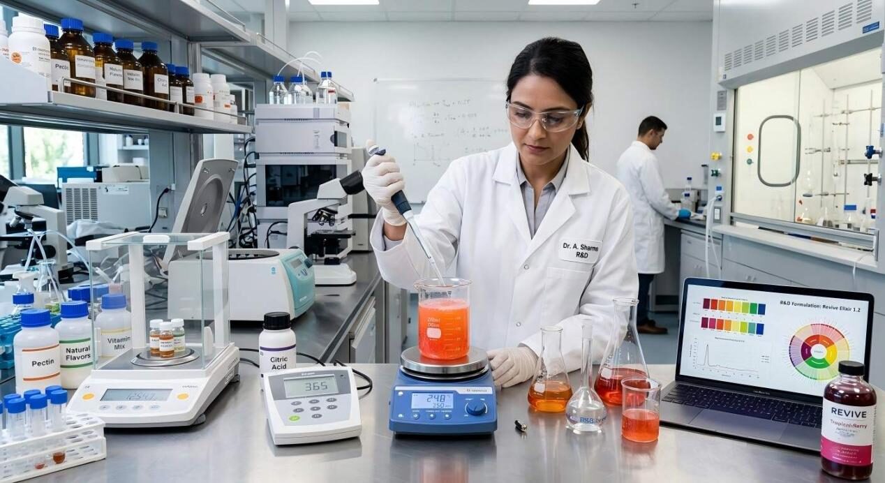 食品科学家在专业实验室环境中分析功能性饮料，以确保精确的风味配方。