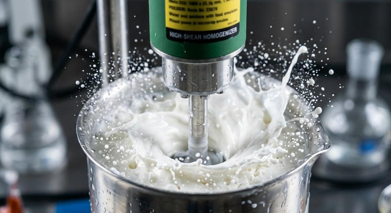 Подробный макроснимок, на котором запечатлено динамическое движение жидкости и образование эмульсии в гомогенизаторе с высокими сдвиговыми усилиями в стакане из нержавеющей стали.