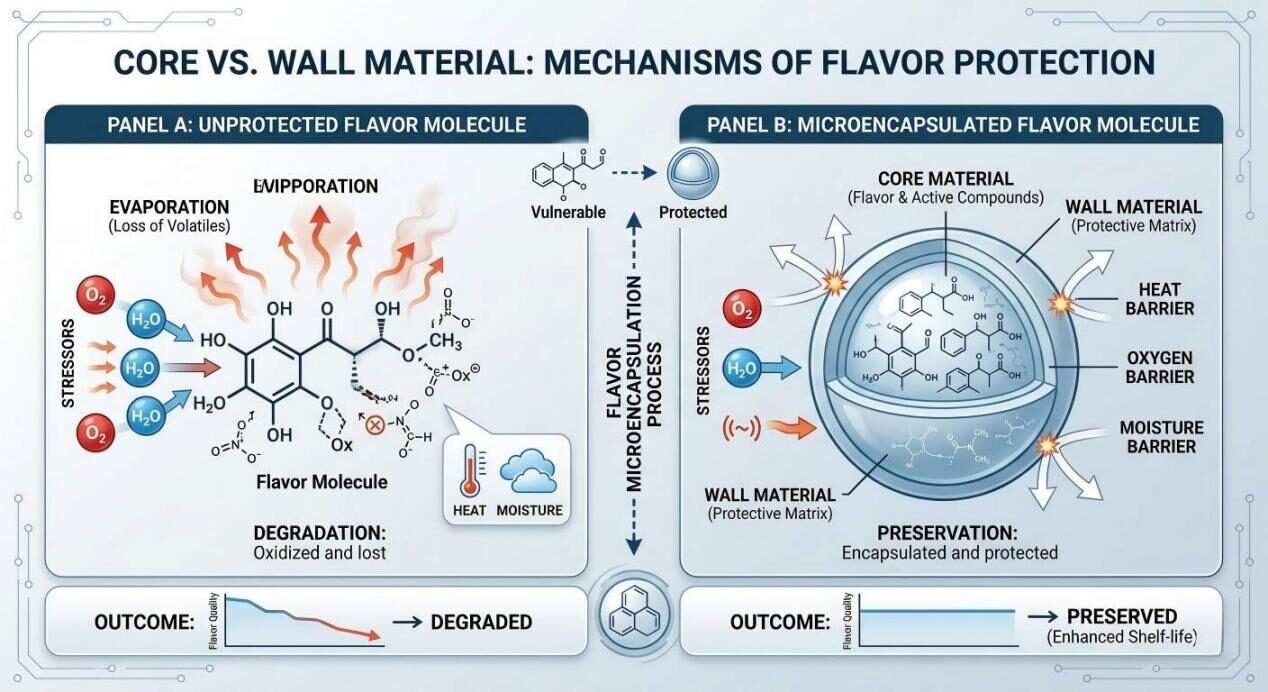 信息图解释了风味保护的科学原理，将未受保护的分子与微胶囊风味稳定性进行了对比。