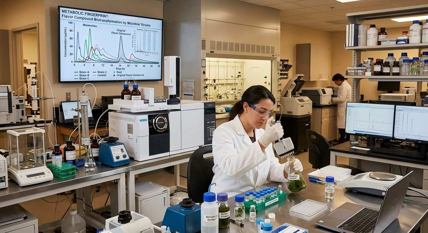 Un scientifique analyse l'empreinte métabolique des composés aromatiques traités par des souches bactériennes dans un laboratoire de haute technologie.