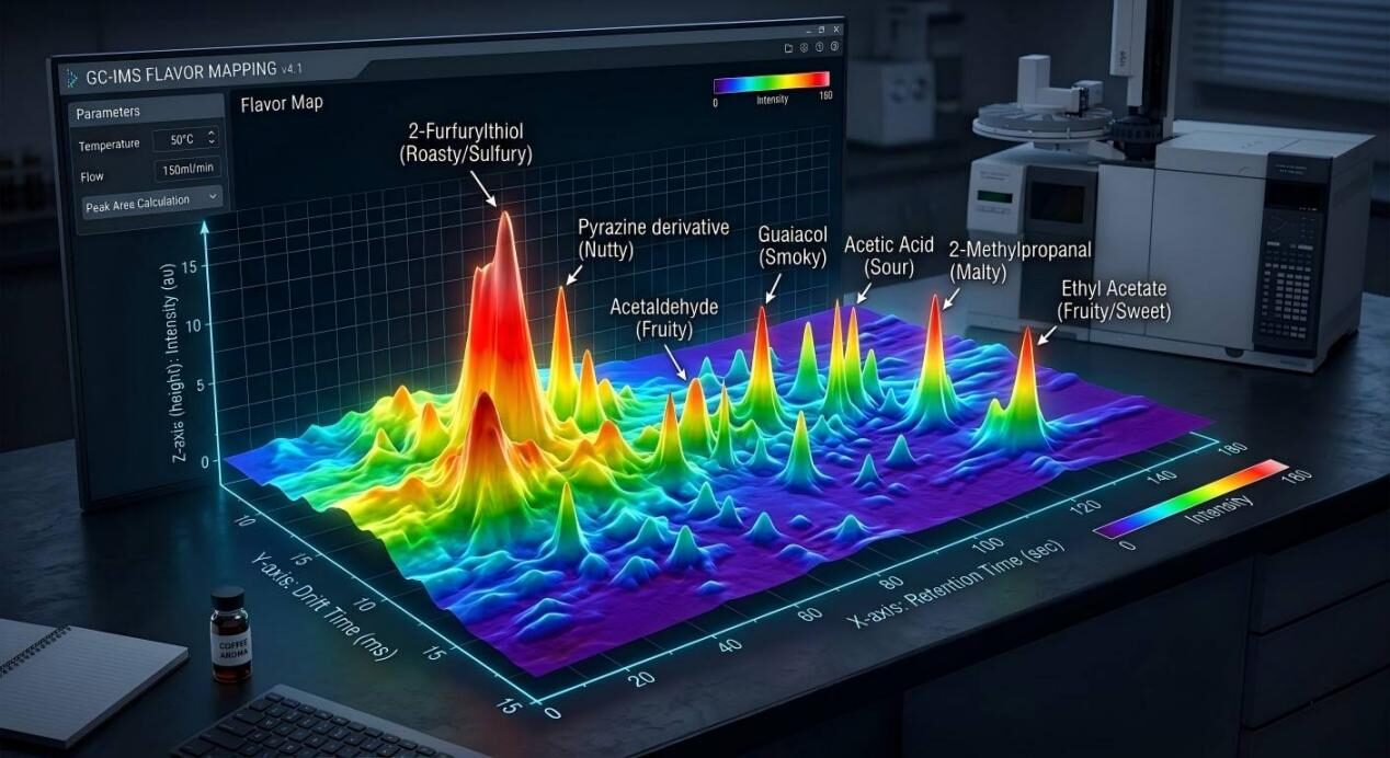 充满活力的 3D 地形热图代表 GC-IMS 分析中的挥发性有机化合物 (VOC) 峰，用于精确的分子风味图谱。