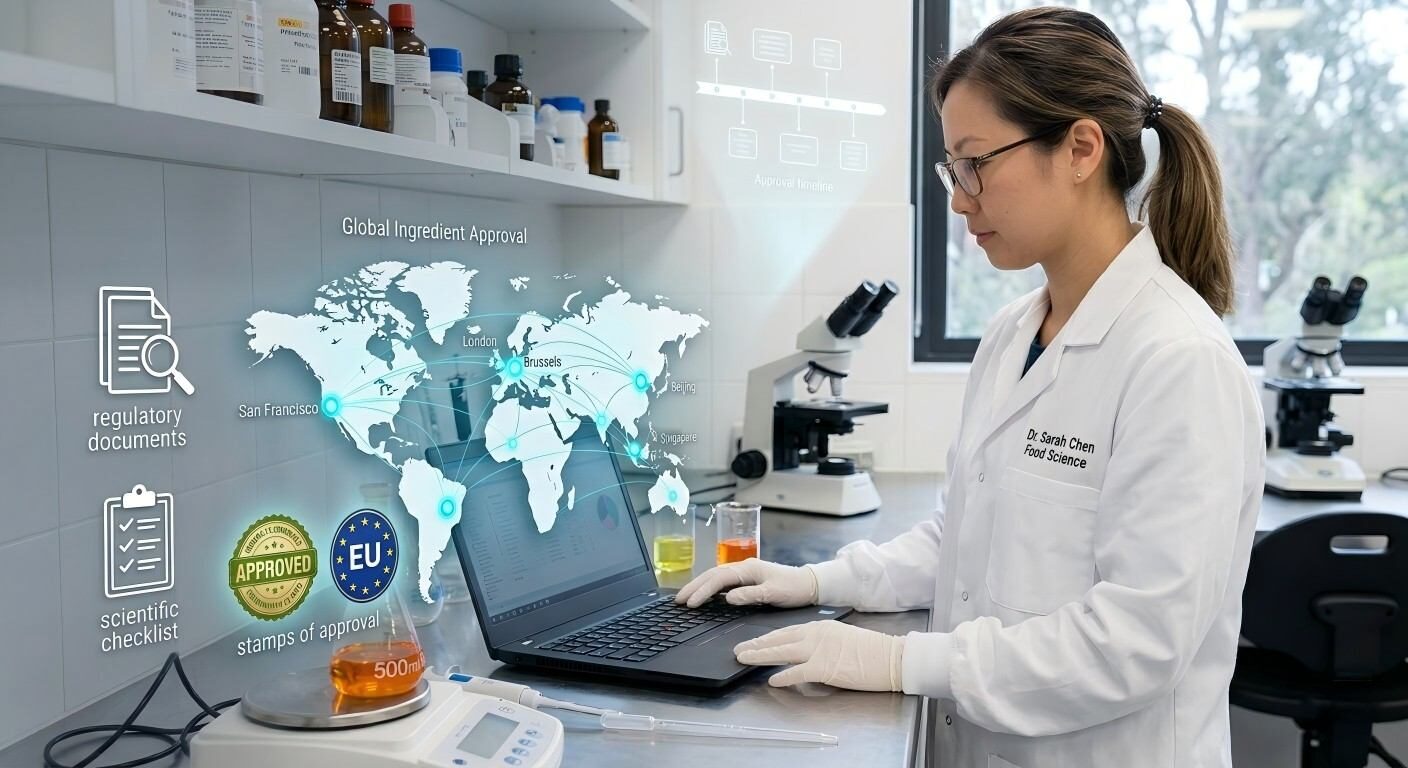 Современная инфографика, накладывающая глобальную карту узлов с нормативными значками, такими как GRAS и марки ЕС, символизирующая международное соответствие требованиям безопасности пищевых продуктов.