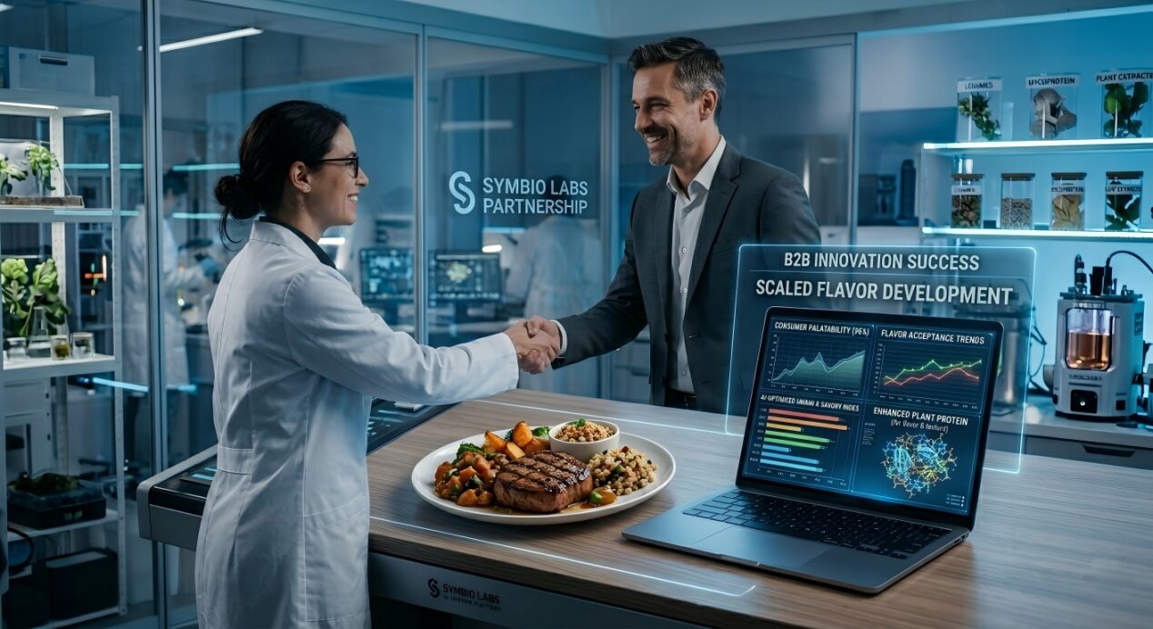 Une scène de laboratoire d'entreprise présentant un partenariat entre entreprises et scientifiques ainsi qu'un tableau de bord optimisé de données sur les repas et les arômes à base de plantes.