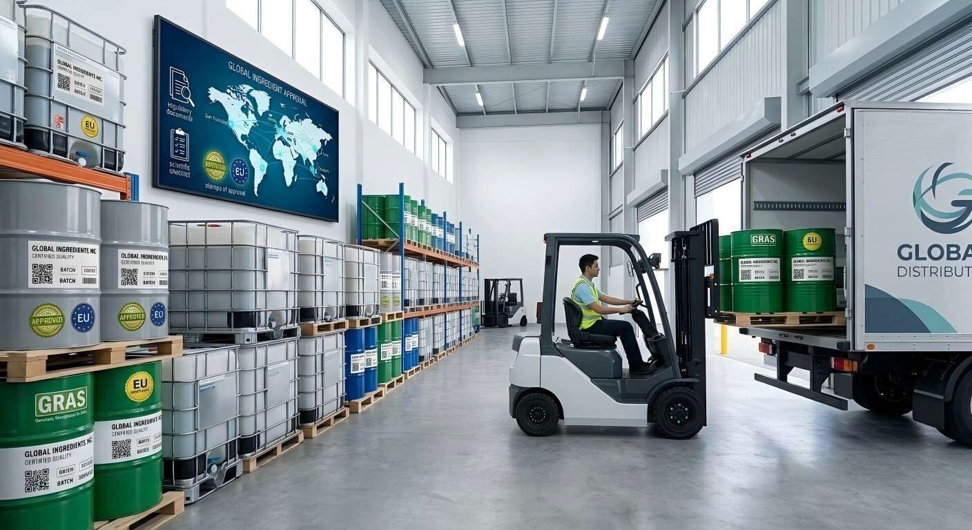 Общий вид современного склада, на котором загружаются фирменные промышленные бочки и контейнеры IBC для распространения на мировом рынке.