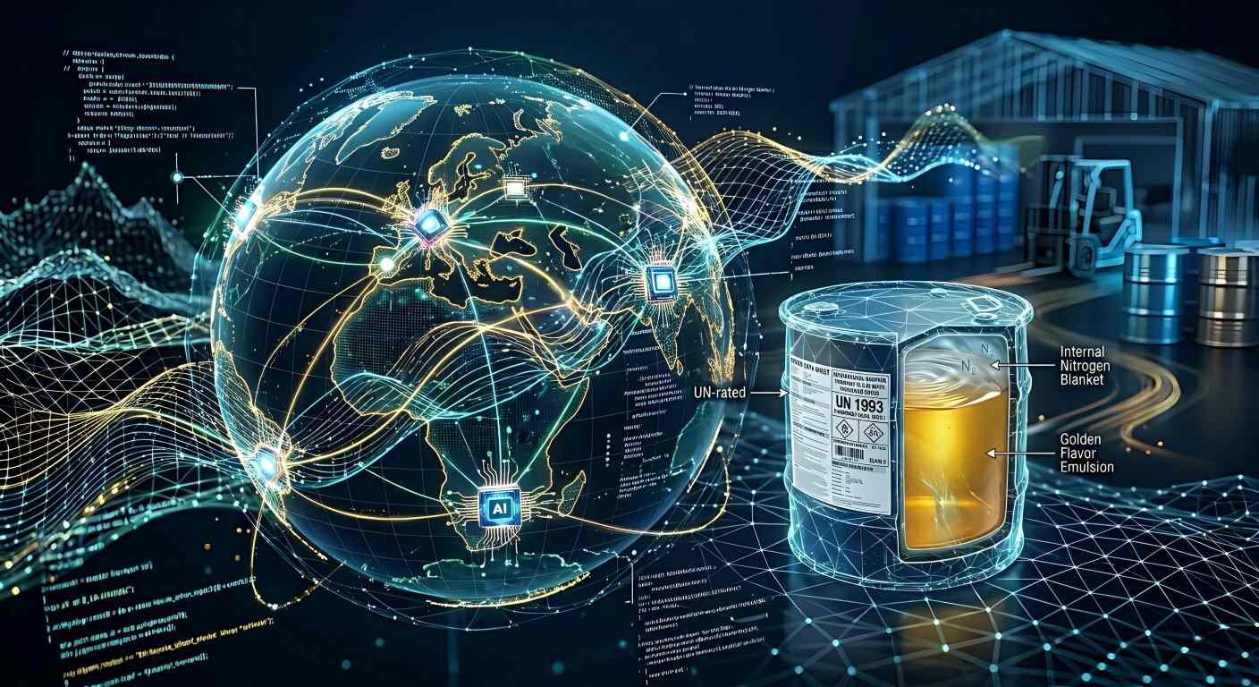 تصور تجريدي عالي التقنية للكرة الأرضية الرقمية مع عقد الذكاء الاصطناعي ومسارات سلسلة التوريد المتصلة ببيانات التخزين الصناعية.