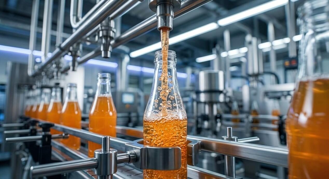 High-precision automated bottling of sparkling beverages in a modern industrial facility.