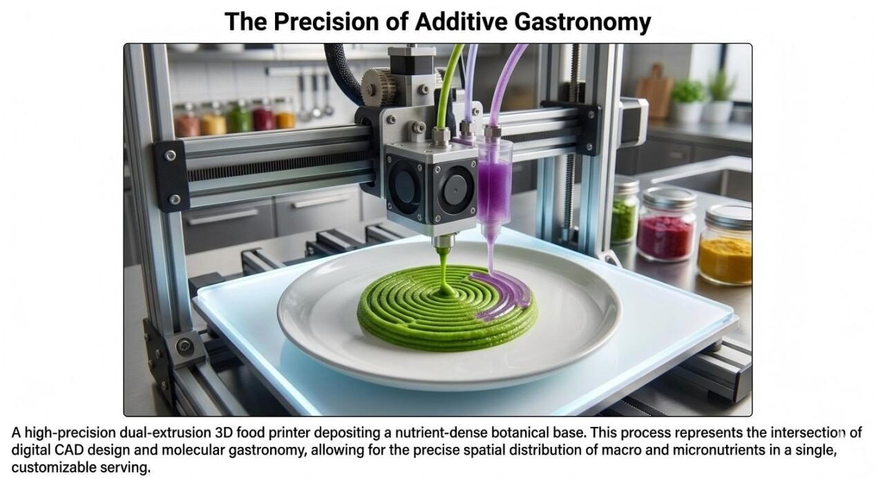 Explore the intersection of CAD design and molecular gastronomy with high-precision 3D food printing for customizable, nutrient-dense servings.