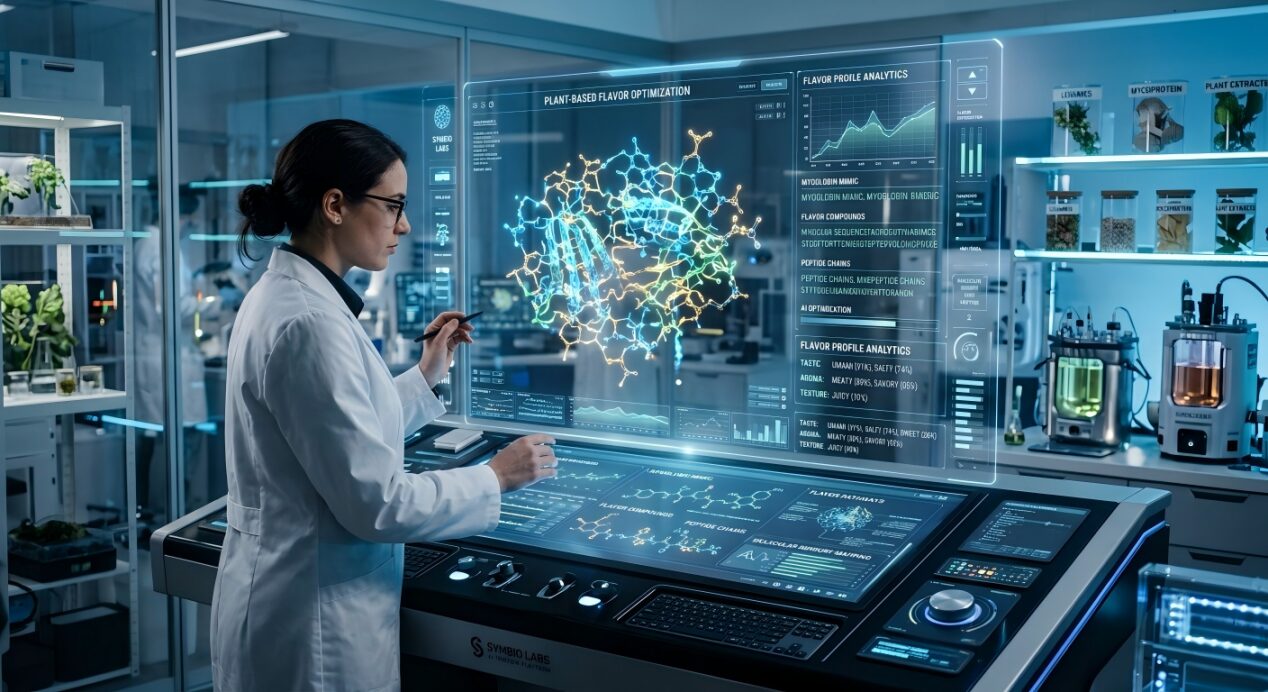 A scientist uses AI-powered holographic technology to analyze plant protein structures for improved food formulation.
