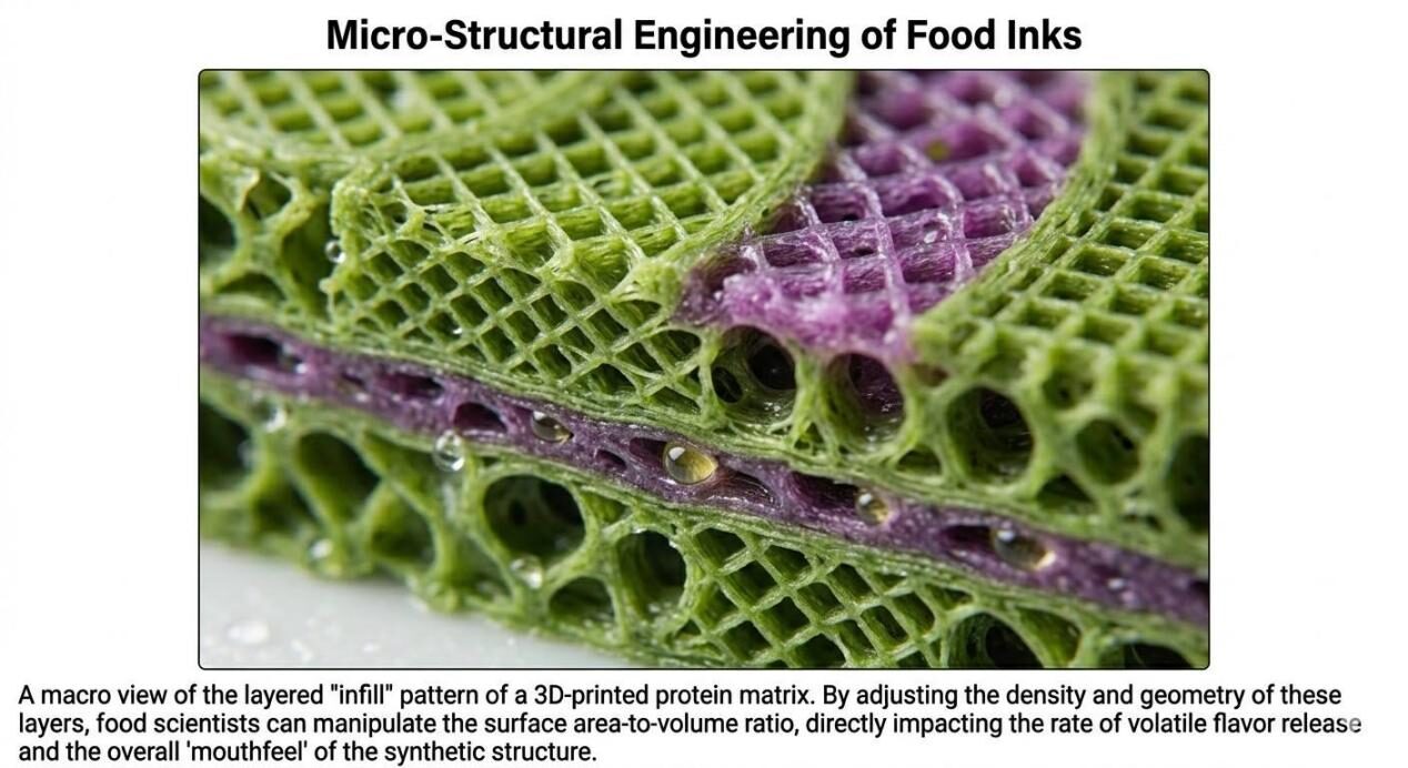 Learn how micro-structural engineering of 3D-printed protein matrices manipulates flavor release and mouthfeel through layered infill patterns.