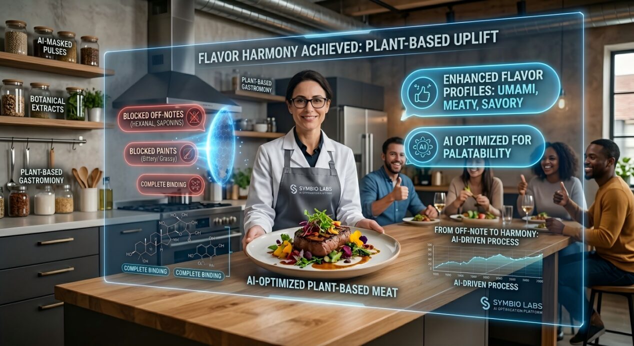 An infographic visualizing how AI-optimized masking agents competitively bind to sensory receptors to neutralize off-notes.
