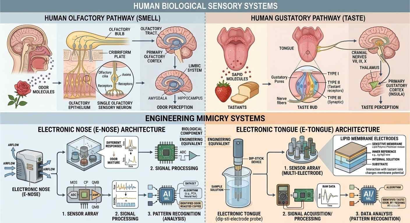 A detailed comparative schematic showing human olfactory and gustatory pathways alongside the engineering architecture of electronic noses and tongues.