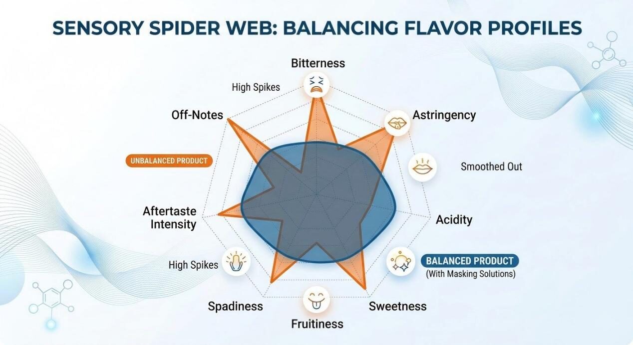 An infographic comparing unbalanced beverage flavor profiles to products optimized with advanced masking solutions.