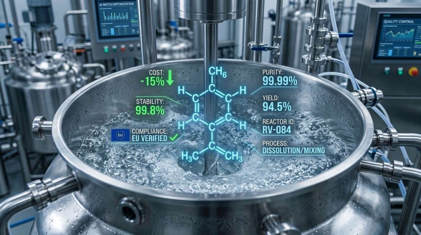 A macro view of industrial flavor mixing, demonstrating how real-time data analytics ensure purity and stability in production.