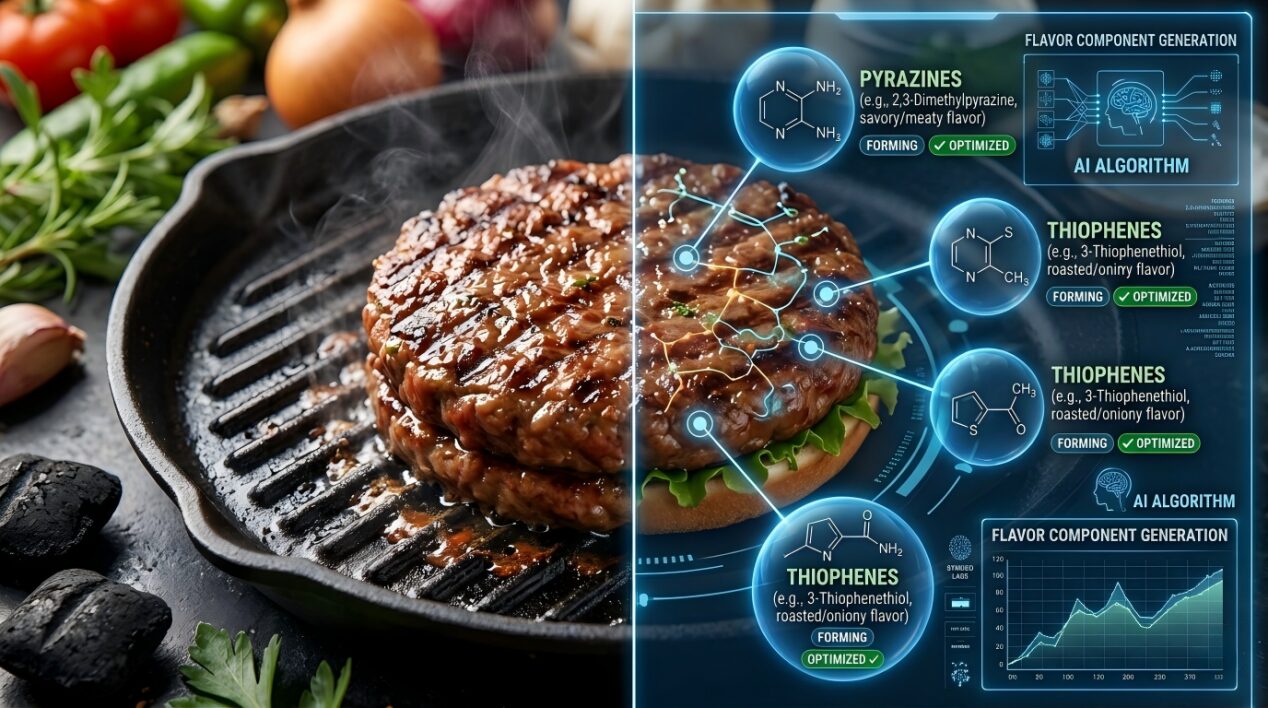 A split-screen view showing a plant-based burger alongside real-time AI data visualization of flavor-forming chemical reactions.