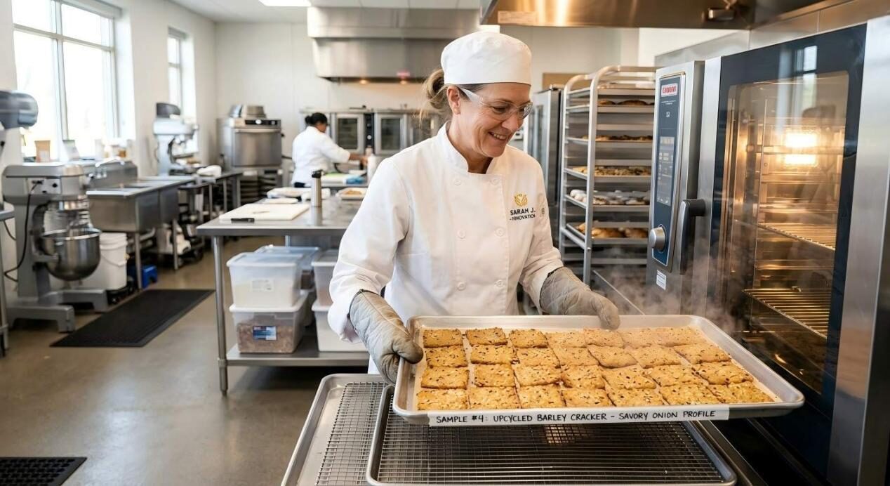 A professional developer removes fresh, upcycled barley crackers from an industrial oven during a quality "bake-out" test.
