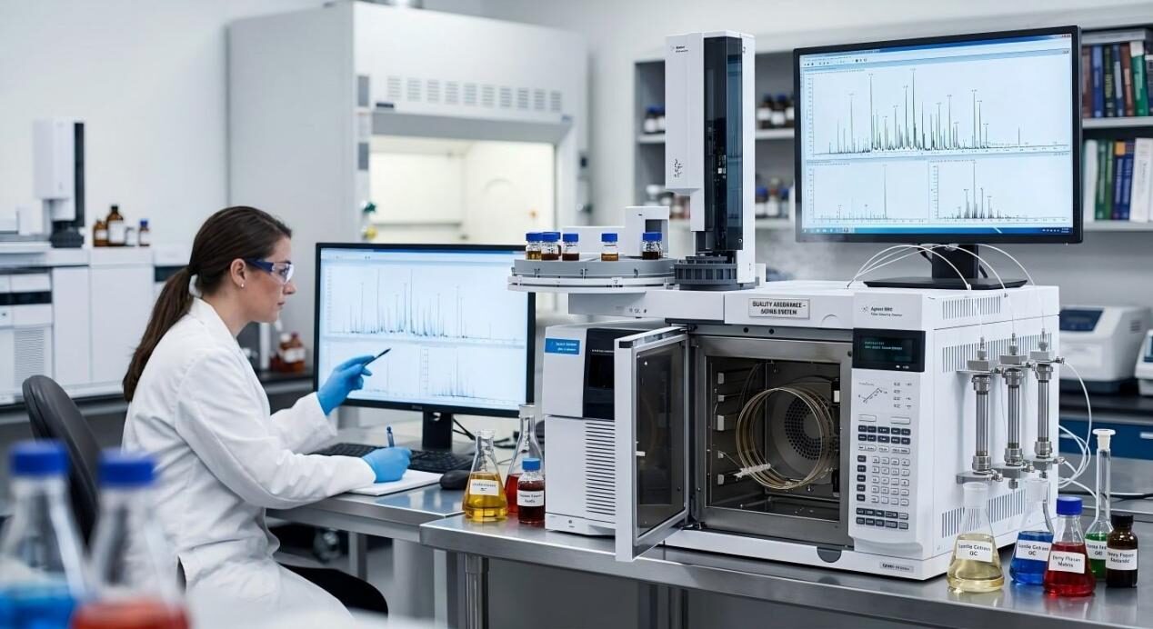 A laboratory scene featuring GC-MS analysis, demonstrating the rigorous technical standards and quality control in flavor production.