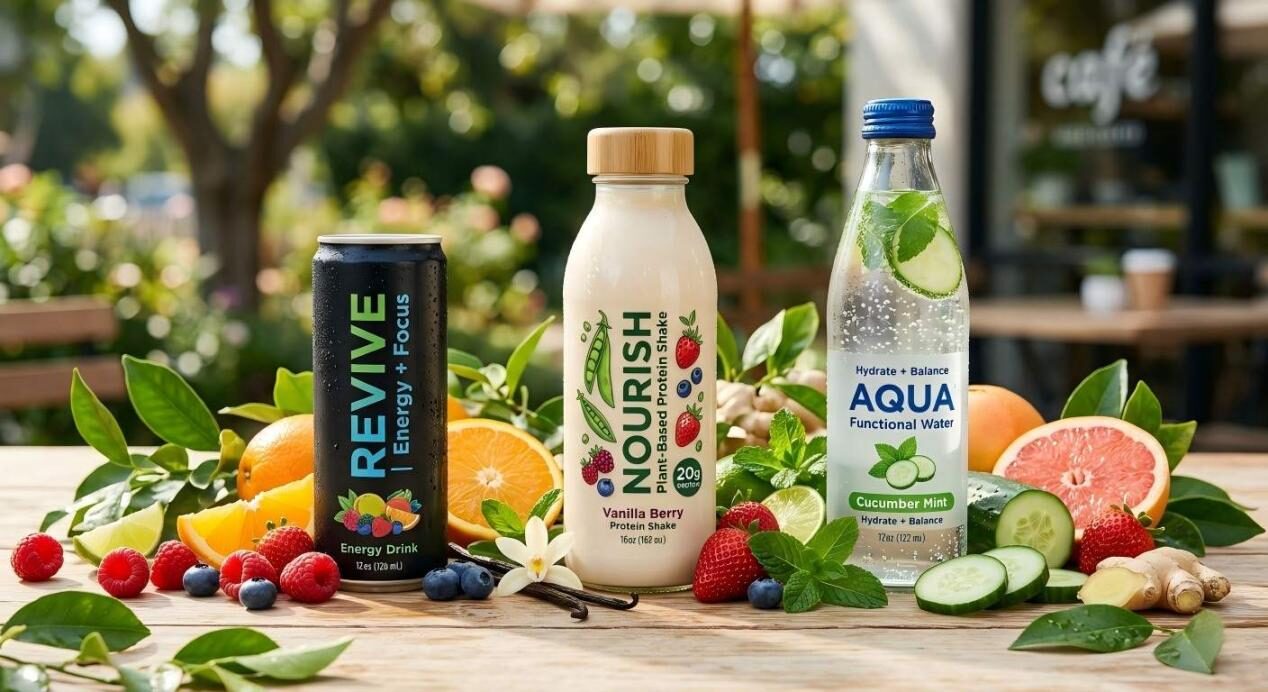 A vibrant display of finished functional beverages, highlighting the success of high-quality flavor formulation.