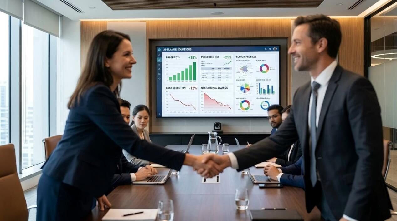 High-level boardroom meeting showcasing successful B2B partnerships driven by AI-powered flavor solutions and optimized business metrics.
