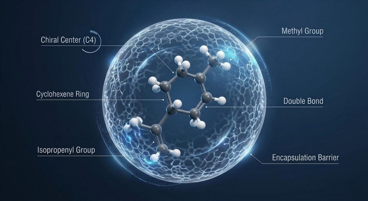 Advanced 3D molecular visualization of terpene encapsulation, highlighting chemical stability.