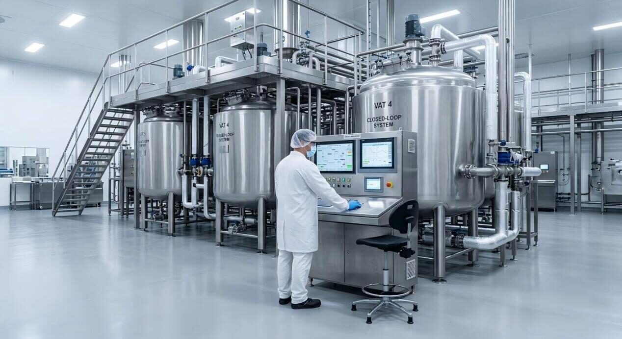 منظر عالي الدقة داخل مصنع حديث ومعقم لتصنيع النكهات يتميز بأحواض خلط ذات حلقة مغلقة من الفولاذ المقاوم للصدأ وأدوات تحكم رقمية متقدمة.
