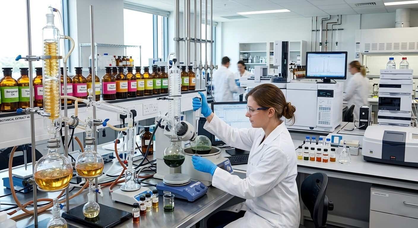 صورة عالية الدقة تظهر فنيًا يرتدي معطفًا أبيض ويقوم بتحليل مستخلصات نباتية باستخدام أدوات زجاجية مختبرية متقدمة في مختبر كيمياء النكهات الحديث.