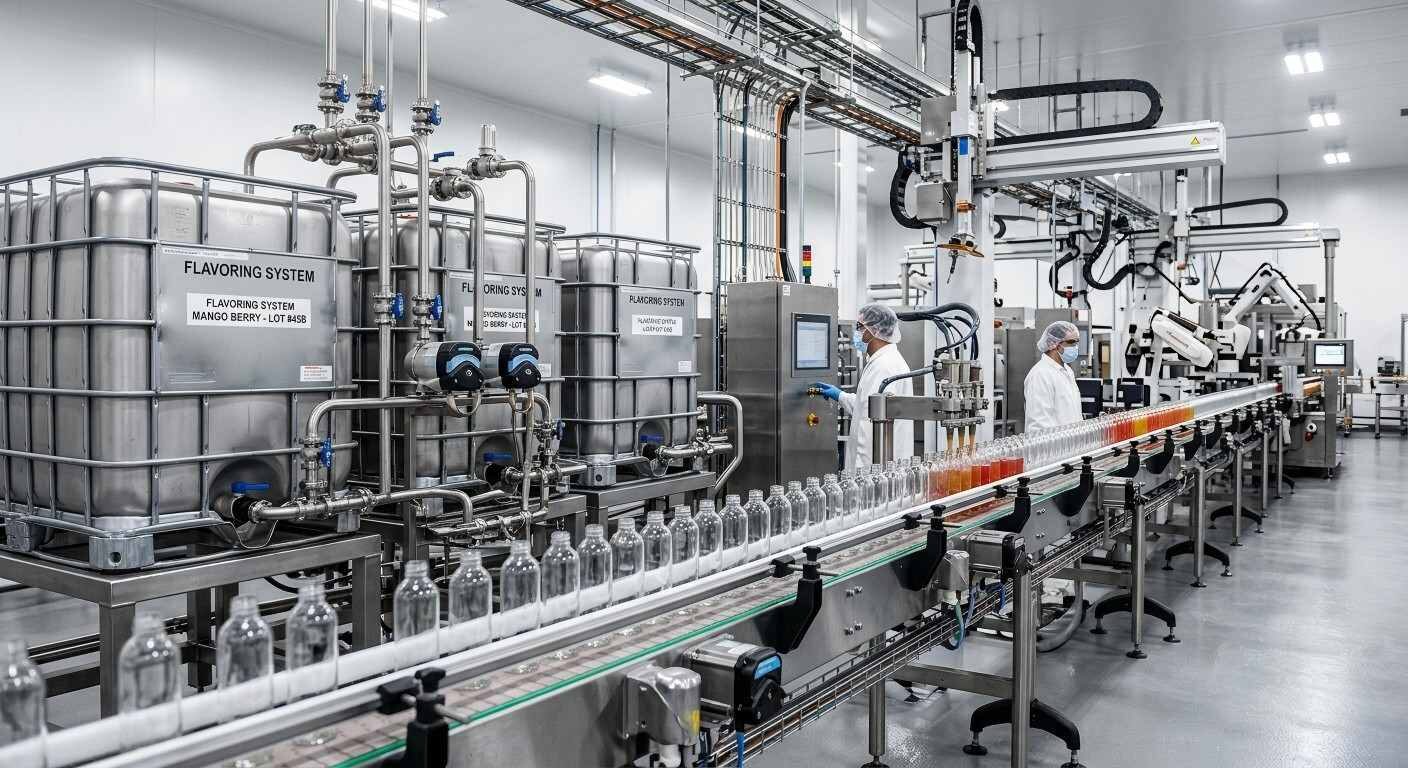 Photographie professionnelle de haute qualité d'une ligne de production d'aliments et de boissons propre et efficace intégrant des arômes liquides.